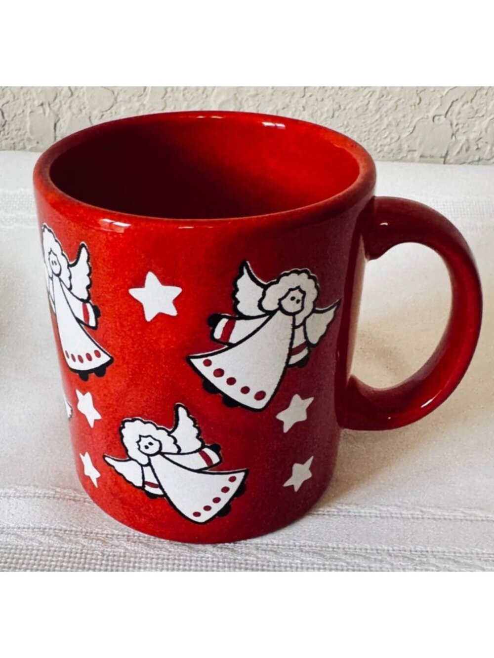 Waechtersbach Red Ceramic Mug With Angels & Stars Design 4" Tall West Germany